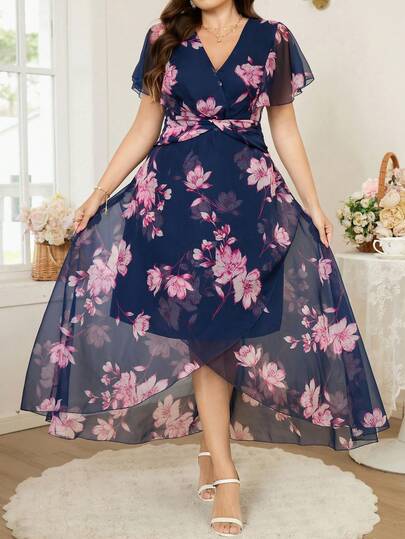 Reflora Plus Size Elegant Floral Print Twist Waist Wrap Dress, Summer