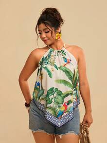 Travachic Women's Spaghetti Strap Sleeveless Loose Parrot & Tropical Plant Print Scarf Summer Tops,Multicolor Boho Beach Holiday Outfits Casual Tank Blouses - Multicolor - View 5