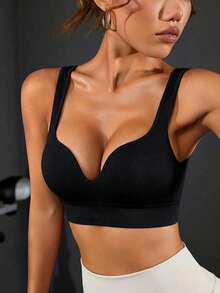 Velisys Velisys 2PCS Black And White Solid Color Thick Strap Wireless Seamless Sports Bra Pack,Summer Athleisure Gym Square Neck Built In Molded Cup Crop Tops - Multicolor - View 9