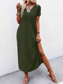 Louniche Women's Casual Solid Color High Slit Short Sleeve Midi Dress, Summer - Army Green - View 3