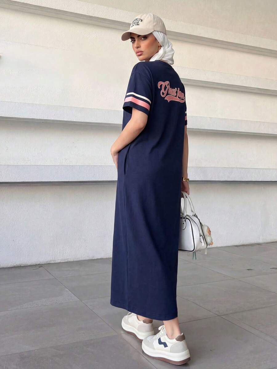 Solavon 字母圖案條紋袖T恤連衣裙 - 藏蓝色 - 查看 1