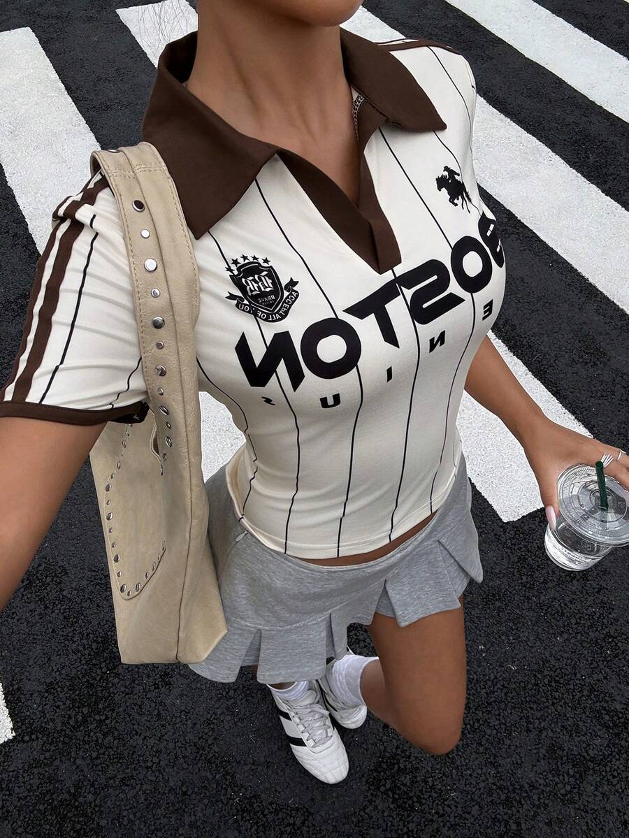 Muchica 女款超短版針織印花T恤,復古休閒夏季上衣,黑白條紋圖案上衣,返校季 - 杏色 - 查看 1