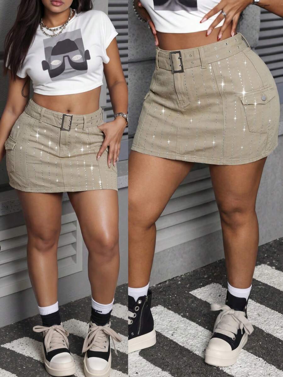 Slaydiva Plus Size Women's Waist Buckle Design Rhinestone Embellished Cargo Pocket Fashion Denim Mini Skirt - Army Green - View 1
