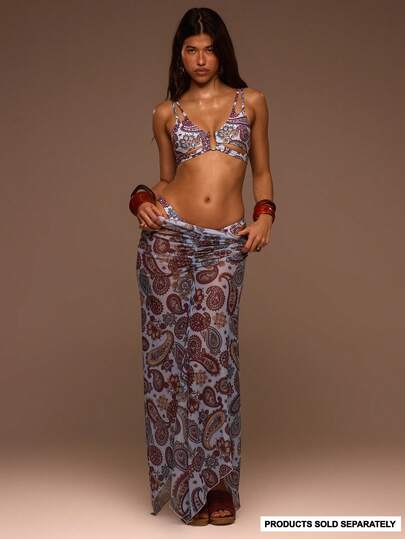 Musera Resort Gathered Mesh Print Flowy Maxi Skirt Cover Up Summer Swim Beach Vacation Everyday Sexy Cute Boho Travel Sunspell