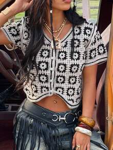 SHEIN EZwear Áo khoác cardigan nữ tay ngắn ren móc nhẹ, kiểu dáng thường ngày. - Nhiều màu - Xem 8