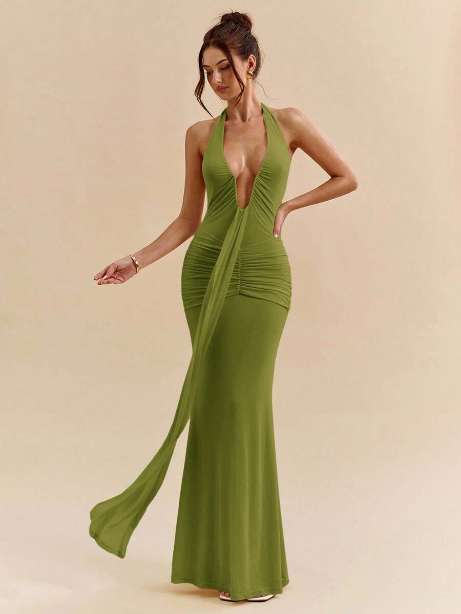 SHEIN BAE Đầm vàng thanh lịch, đầm không tay cổ chữ V sâu gợi cảm dành cho nữ, thích hợp cho mùa xuân/hè. - Màu xanh Ô liu - Xem 1