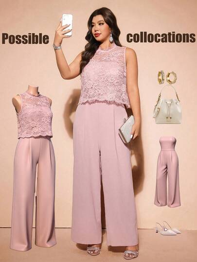 Cravure Conjunto informal de 2 piezas de top sin mangas de encaje y pantalones de pierna ancha para mujer de talla grande