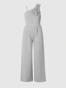 Jumpsuit Anak Perempuan Warna Abu-abu Gelap Kasual Model Bahu Miring Longgar dengan Dekorasi Bunga, Cocok untuk Sehari-hari, Bepergian, Sekolah, Tamu Pernikahan, Musim Semi, Musim Panas, dan Musim Gugur - Grey - View 4