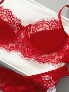 Set de lencería panel con encaje de pestaña con aro - Rojo - Ver 4