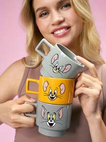 TOM & JERRY X SHEIN 1个12.7盎司/375毫升可叠放卡通图案印花马克杯，耐冷耐热，可用于微波炉和洗碗机，适用于盛装水、牛奶、果汁、咖啡。 - 灰色 - 查看 8