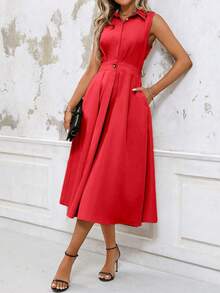 EMERY ROSE 女士纯色简约日常 A 字形无袖连衣裙新年衣服长款女装 - 紅色 - 查看 4