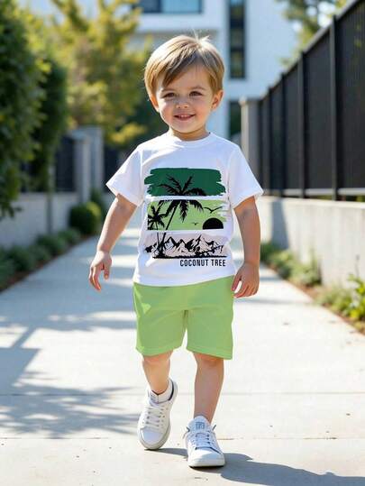 1 Set Toddler Boys' Summer Coconut Tree & Letter Print Short Sleeve Outfit, Suitable For Beach Vacation/Casual Play, Ideal For Outings, Spring/Summer