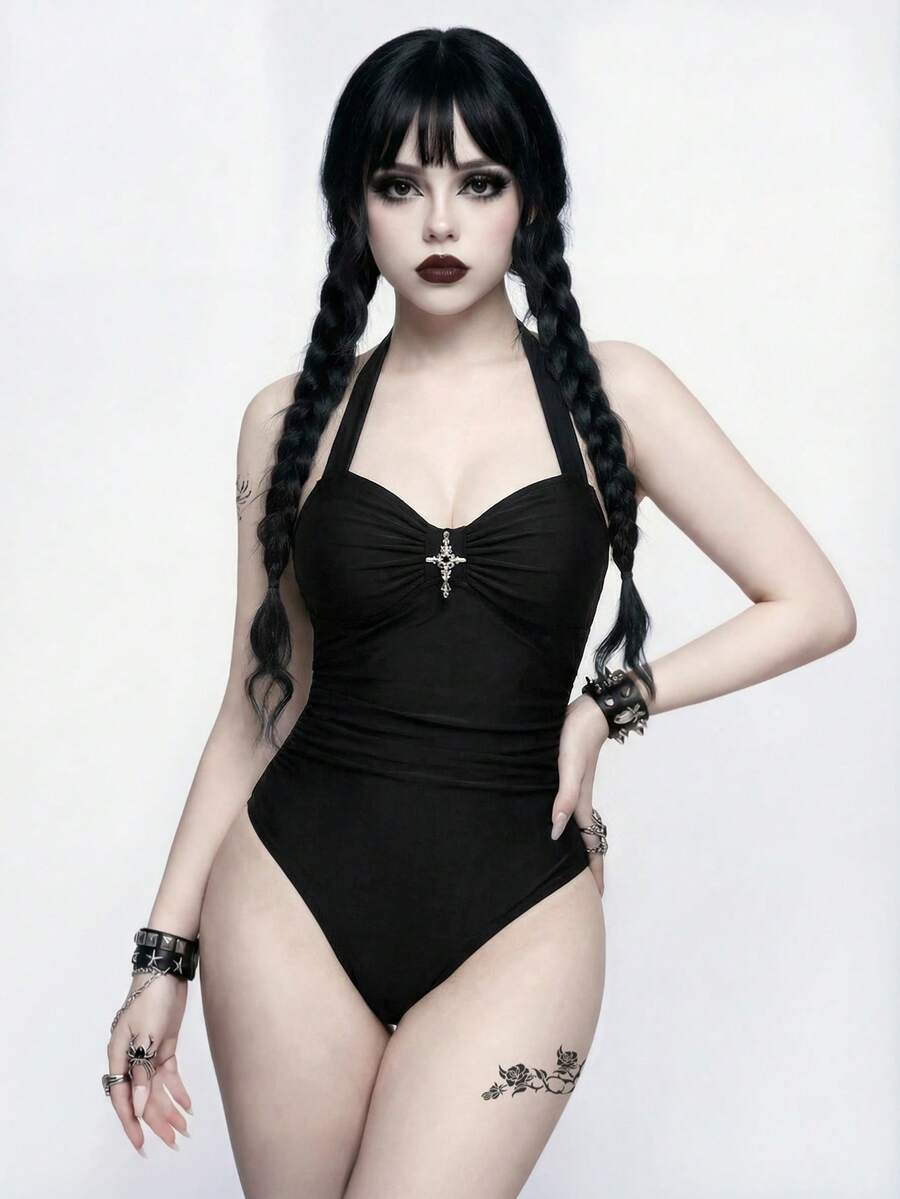 ROMWE Bộ đồ bơi liền thân phong cách Punk Goth tối màu, thoải mái, thích hợp cho kỳ nghỉ biển năm 2026 dành cho nữ. - Nhiều màu - Xem 1