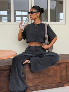 Muchica 女士休闲时尚街头风日常通勤装饰短袖露脐T恤和阔腿裤套装，春夏款 - 黑色 - 查看 7