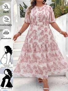 SHEIN CURVE+ Đầm xòe thanh lịch, eo nhún họa tiết hoa dành cho nữ cỡ lớn, thích hợp cho các buổi hẹn hò và tiệc tùng. - Hồng - Xem 2