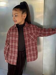 DAZY Tween Girl Fall Clothes Turndown Collar Plaid Long Sleeve Casual Shirt Spring - Red - View 2