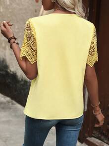 EMERY ROSE Women's Simple Solid Color Lace Patchwork Blouse, Summer - Light Yellow - View 2