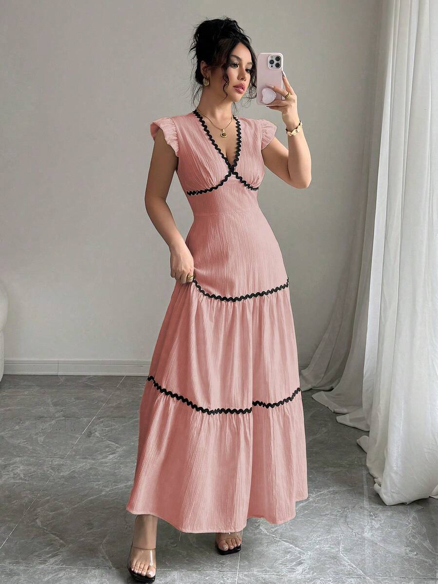 Rafferiza 女士A字V领荷叶边短袖撞色包边纹理梭织杏色连衣裙,春夏款 - 淺粉色 - 查看 1