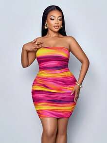 SOLERSUN Plus Size Women Marble Printed Strapless Bodycon Party Dress For Women (Random Floral Print) - Hot Pink - View 6
