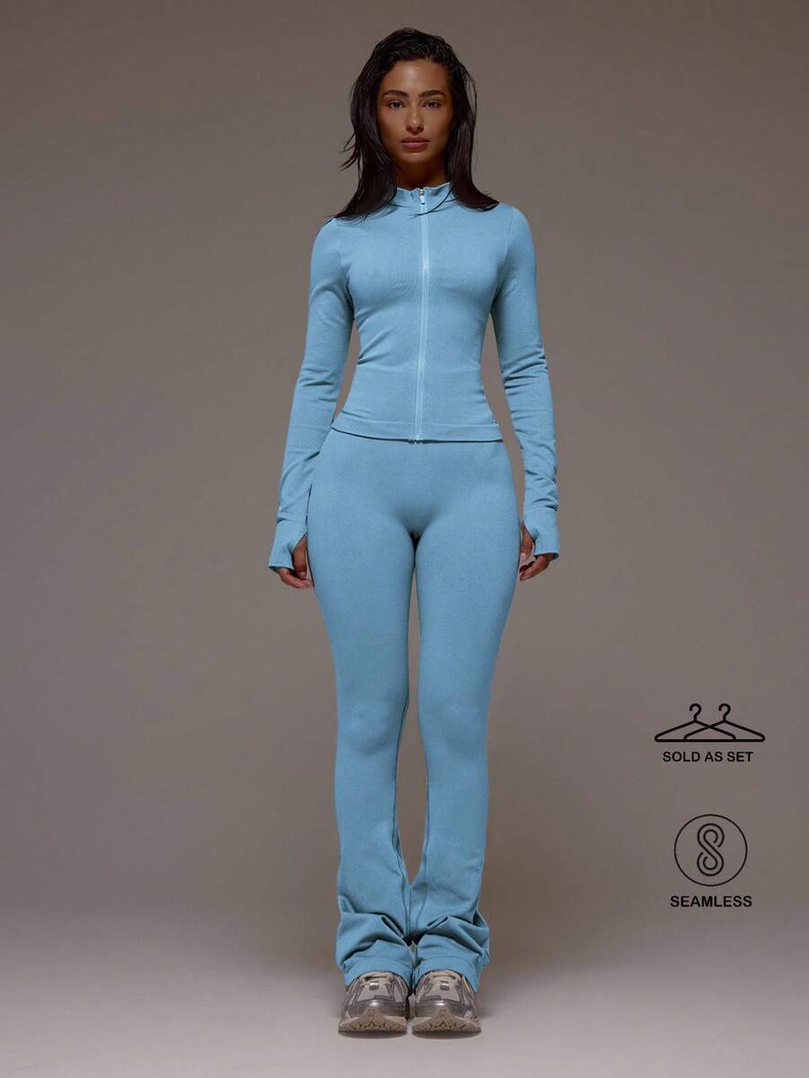 Musera Sport Zip Active BBL 夹克搭配喇叭褶皱臀部紧身裤套装 运动健身健身房普拉提日常休闲烟晶色 - 藍色 - 查看 1