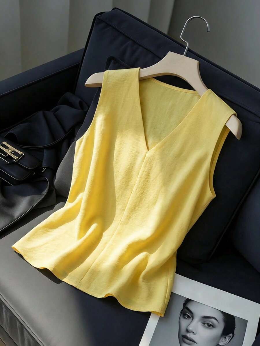 GlowEve Pleated V-Neck Sleeveless Fitted Casual Blouse For Women Women's Vest Tops Sleeveless Tops Waydamin Linen Elegant Knit Tops Blouses For Women Business Casual Women Tops - Multicolor - View 1