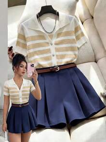 Franclia Nueva prenda elegante de primavera temprana, versátil, con cuello de contraste y decoración de botones metálicos, para mujeres - Multicolor - Ver 3