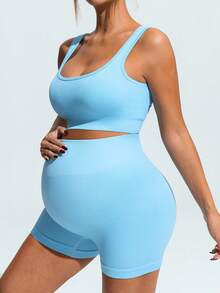 SHEIN Maternity Solid Color Sports Bra And Shorts Set - Blue and White - View 9