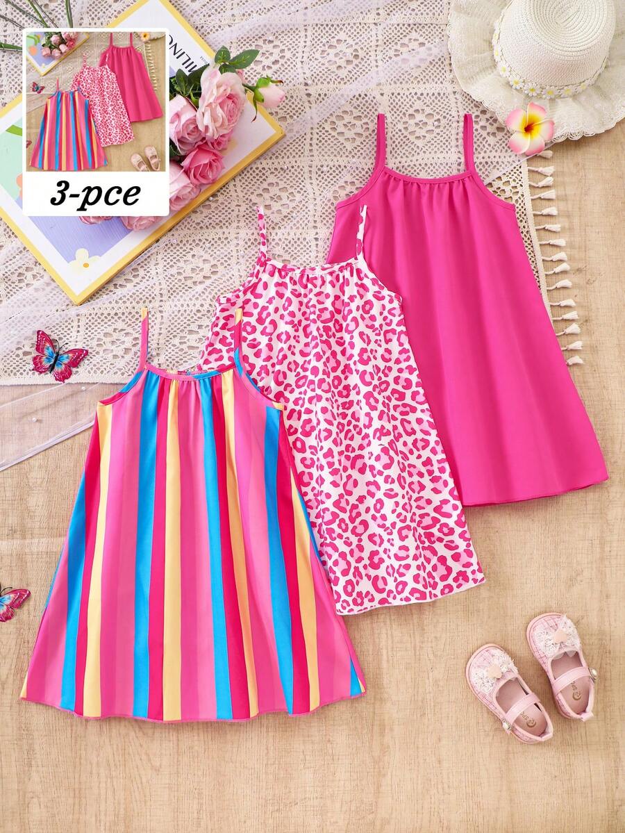 3pcs/Set Young Girls Summer Dress,Magenta Leopard,Striped & Solid Pink Sleeveless Straight Dresses, - Multicolor - View 1