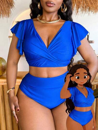 Slaydiva Bộ bikini 2 mảnh màu trơn xếp ly, thích hợp cho kỳ nghỉ hè 2026, đi biển, và cả size lớn.