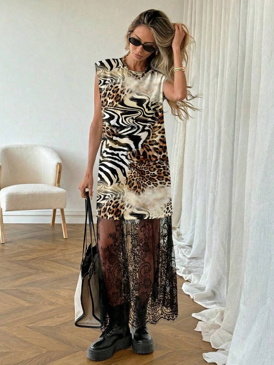 SHEIN LUNE 女士休闲纯色蕾丝拼接无袖长裙，适合日常穿着、通勤，时尚百搭，春夏季节皆宜。这款连衣裙适合春假和夏季穿着，款式多样，包括休闲长裙、外出连衣裙和夏日连衣裙。黑色款适合日常穿着、通勤和夏季穿着。 - 彩色 - 查看 1