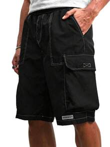 SUMWON Men's Cargo Shorts With Contrast Stitching Detail Multiple Pockets Knee Length Casual Summer Streetwear - Black - View 3