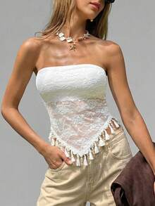 MainGRL Áo hai dây nữ màu trắng viền ren với mặt dây chuyền trang trí, thích hợp cho kỳ nghỉ, lễ hội âm nhạc, mặc hàng ngày và hẹn hò, mùa xuân/hè. - trắng - Xem 5