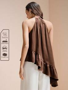 Arave 女士宽松立领无袖不对称荷叶边下摆休闲通勤上衣 - 咖啡棕 - 查看 2