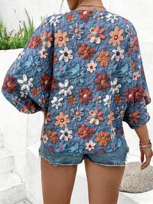 EMERY ROSE Plus Size Women's Elegant Light Blue Digital Print V-Neck Raglan Sleeve Button Decor Summer Boho Vacation Holiday Beach Versatile Blouse Design - Multicolor - View 2