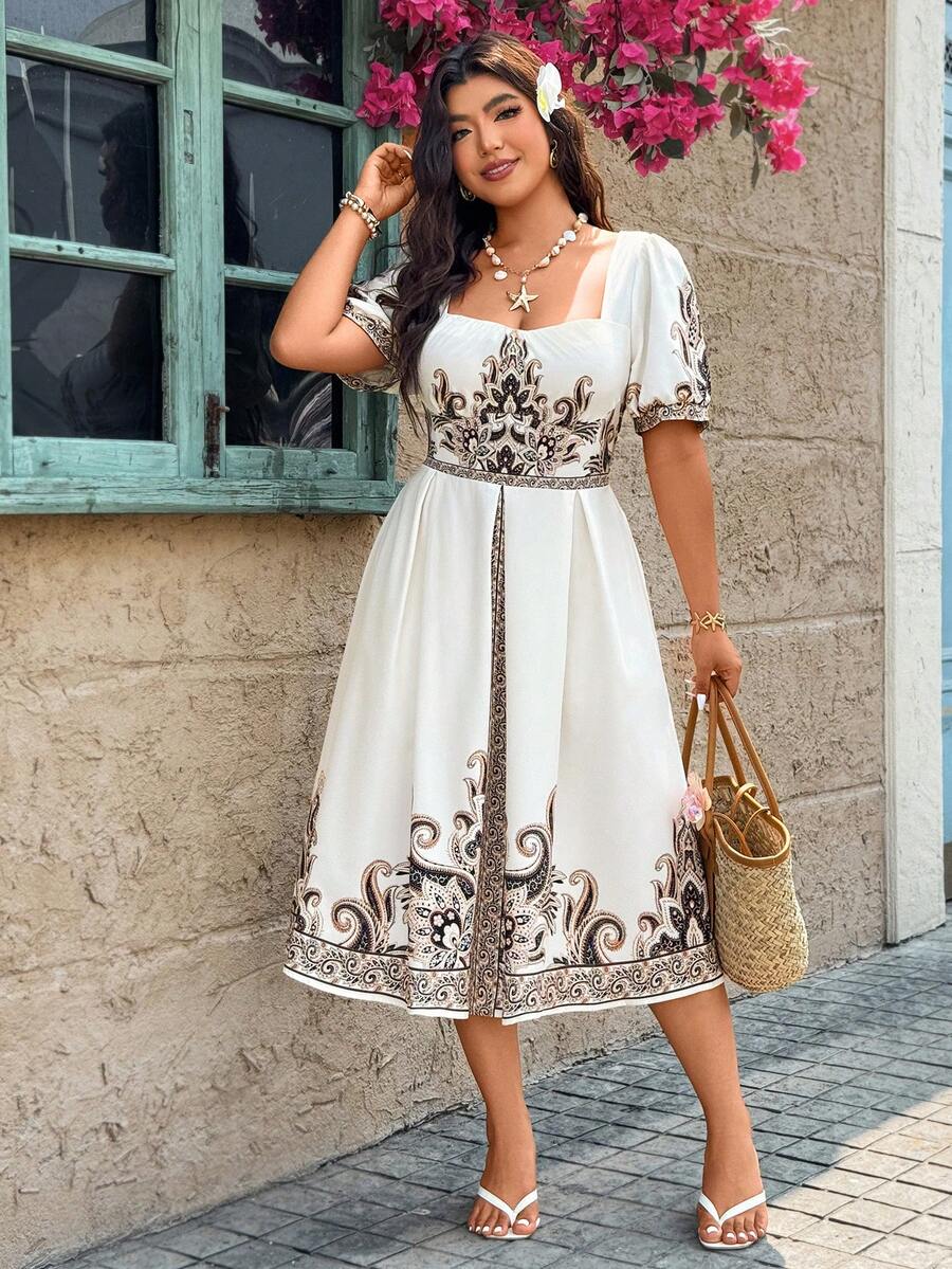 Breezaya Plus Size Floral Print Square Neck Waist Cinched Short Sleeve Midi Casual Dress, Spring/Summer Women Dress Picnic Dresses For Women Resort Wear Women Vacation Dress Plus Size Dress For Women - Multicolor - View 1