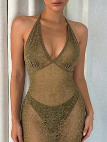 DAZY Metallic Sheer Mesh & Satin Backless Deep V-Neck Sexy Nightgown Lingerie For Women - Gold - View 1