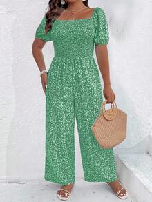 SHEIN Clasi Plus Size Ditsy Floral Square Neck Short Sleeve Jumpsuit - Green - View 1