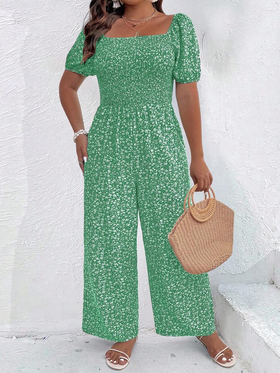 SHEIN Clasi Plus Size Ditsy Floral Square Neck Short Sleeve Jumpsuit - Green - View 1