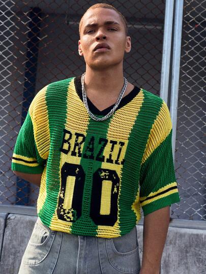 EVRINFINITE Camiseta de punto de manga corta con cuello en V, estampado de rayas y letras para hombre