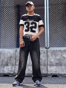 EVRINFINITE Manfinity Streetrush Men's Minimalist Denim Wide Leg Loose Casual Pants, Long Baggy Plain Black Washed Cargo Jeans, For Husband, Boyfriend Gifts Going Out Hang Out College Vacation Street - Black - View 8