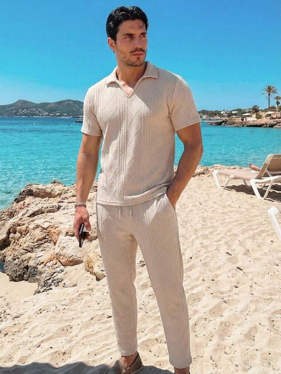 Manfinity VCAY 2pcs/Set Men's Casual Wheat Ear Jacquard Polo Shirt Set Shirt And Pants Set Casual Two Piece Set - Khaki - View 1
