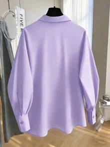 GlowEve CURVE 女士纯色休闲宽松长袖衬衫，适合日常休闲、通勤和办公穿着，夏季女式衬衫，女士工作上衣，女士宽松工作衬衫 - 紫色 - 查看 2