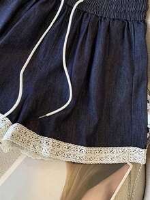 Resyla 女士休闲蕾丝边牛仔效果弹力腰阔腿短裤 - 藍色 - 查看 5