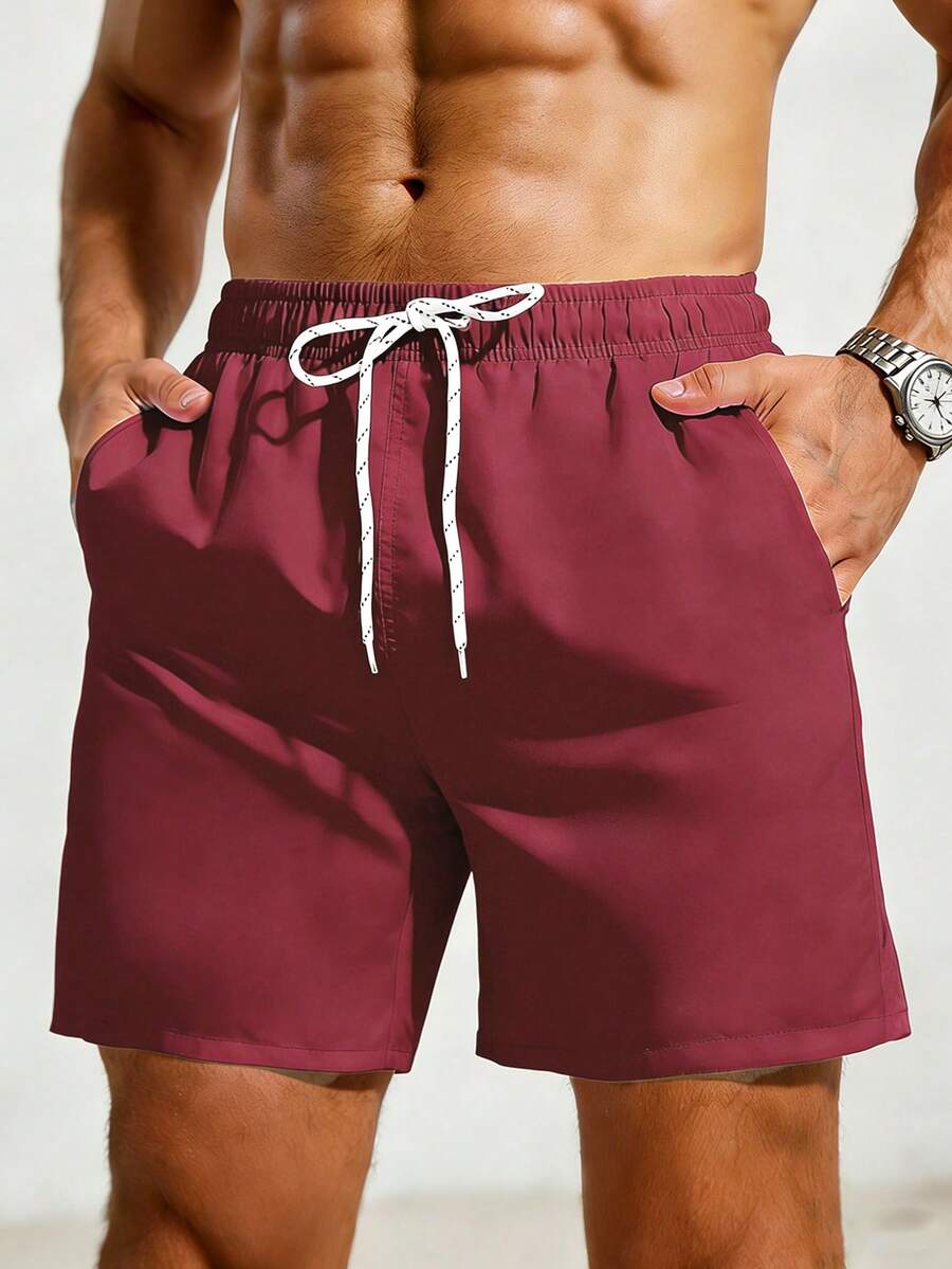 ZELFYO Men Solid Drawstring Waist Swim Trunks - Burgundy - View 1