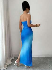 Rafferiza Women's Elegant Ruched Tie Dye Mesh Print Cinched Waist Strapless Party Split Dress - Blue - View 2