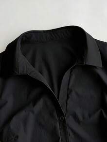 SHEIN 新款蓝色V领褶皱短袖女式衬衫，夏季款 - 黑色 - 查看 5