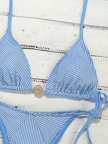 Swim Mod Sexig bikini med triangeltrosor och randig baddräkt för kvinnor i sommarstil - Blått och Vitt - Visa 5