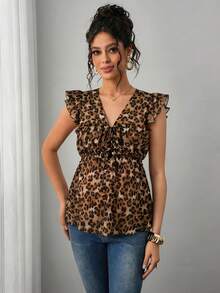 Momance Maternity V-Neck Tie Front Cap Sleeve Blouse With Leopard Print - Multicolor - View 1