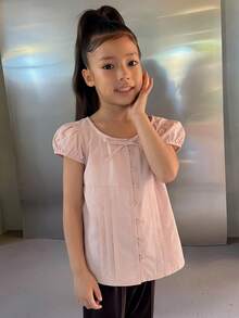 DAZY Tween Girls Solid Color Fitted Tie Waist Puff Sleeve Blouse Summer - Pink - View 2