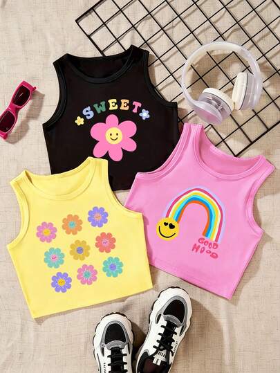 3件套女童休闲上衣，春夏秋季，彩色卡通印花背心套装，黑白酒红色，舒适日常穿着，温暖夏日风格，适合女童春夏穿搭